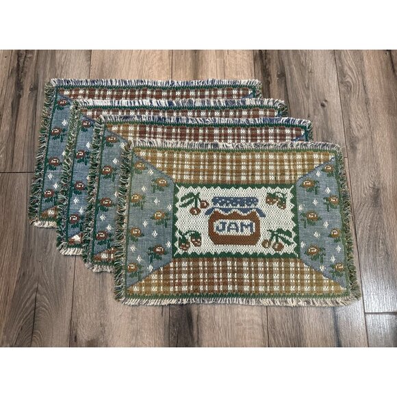 Vintage Woven Cotton Placemats Set Of 4 With Jam Jar & Floral Pattern Country Co - Picture 4 of 5
